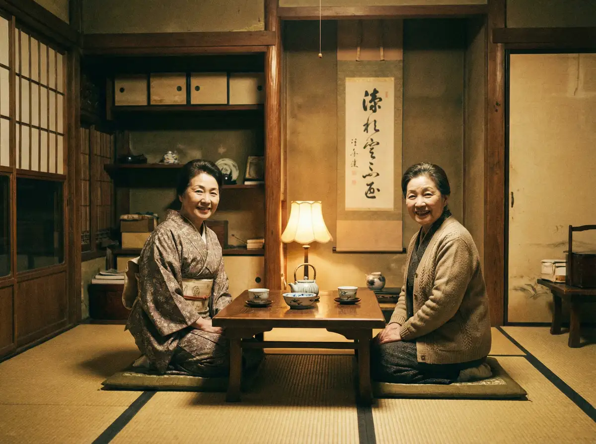 两位优雅的 幻影体育平台 在日式茶室中品茶交谈